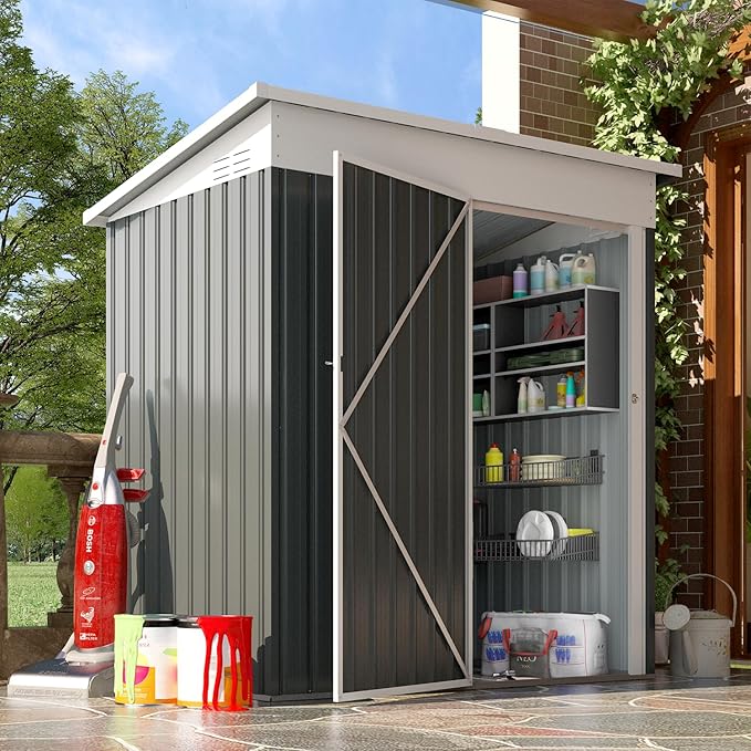 AECOJOY 5' x 3' Outdoor Storage Shed, Small Metal Sheds & Outdoor Storage Clearance with Lockable Door, Utility and Tool Storage Garden Shed for Backyard, Patio, Outside use in Dark Grey