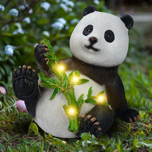 Solar Panda Statue for Garden Outdoor Decor Polyresin Panda Sculpture Figurine Bamboo with LED Lights for Patio Balcony Yard Lawn Decorations (Lying Posture)