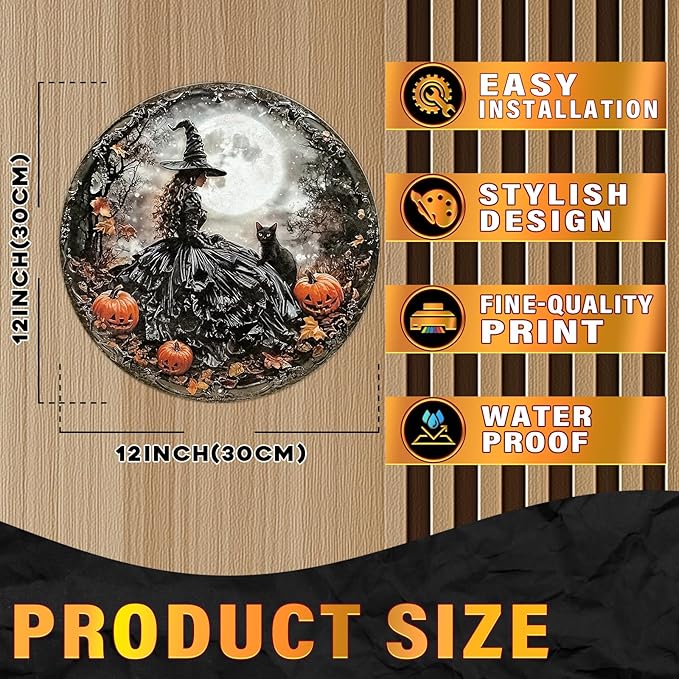 PEACHGARDEN PEACHGARDEN Round Happy Halloween Black Cat Vintage Sign Halloween Witch Metal Tin Sign for Home Bar Kitchen Hotel Dining Room Coffee 12x12inch