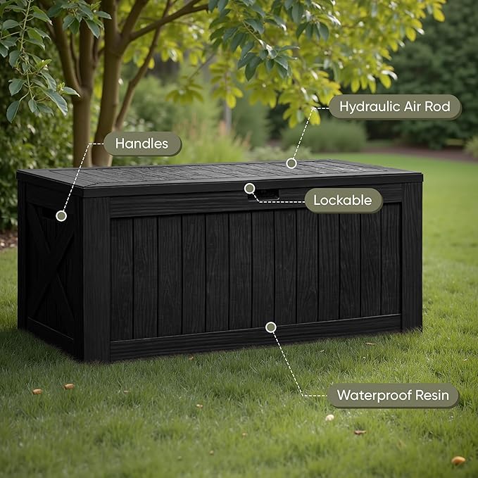 Flamaker Resin Deck Box 120 Gallon Waterproof Large Outdoor Indoor Storage Box Imitation Wood Resin for Patio Furniture Garden Tools and Pool (Black)