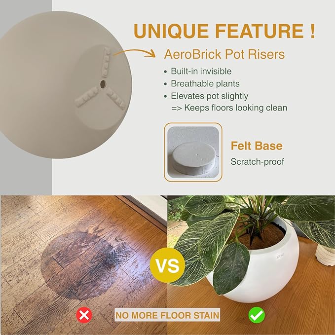 9.7" H x 12" D Globo Fiberstone Round Planter with Drainage Hole, Weather Resistant, Smooth Finish, Planters for Indoor Plants & Outdoor, 2 Extra Coco Mats (Taupe, 7.8" Pot Opening)