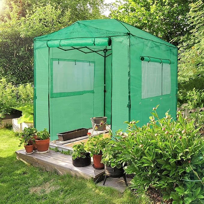 EAGLE PEAK Replacement Cover for 8x6 Portable Walk-in Pop up Greenhouse, Front and Rear Roll-Up Zipper Entry Doors and 2 Large Roll-Up Side Windows (Frame Not Included), Green