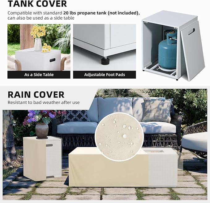 UPHA 42-inch Outdoor Propane Gas Fire Pit Table 50000 BTU Iron Rectangle Firepit for Outside Patio with Tank Hidden Table, Wind Guard, Removable Lid, Gold Glass Rocks, Rain Cover, White