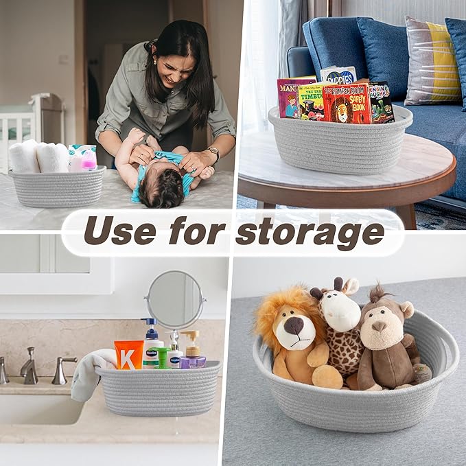 Pro Goleem Small Woven Basket with Gift Bags and Ribbons Durable Baskets for Gifts Empty Small Rope Basket for Storage 12"X 8" X 5" Baby Toy Basket with Handles, Gray