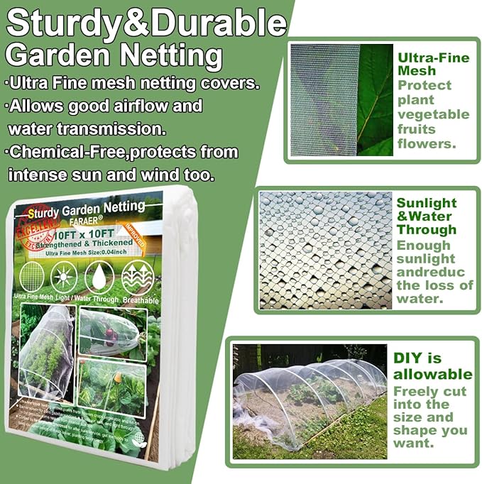 Garden Pest Barrier Netting, Insect Barrier Thickened Mesh Net Plant Covers 10x10Ft Ultra Fine Protection Netting for Vegetable Fruits Crops Row Cover Strawberry Raised Bed Bugs Out Screen Net