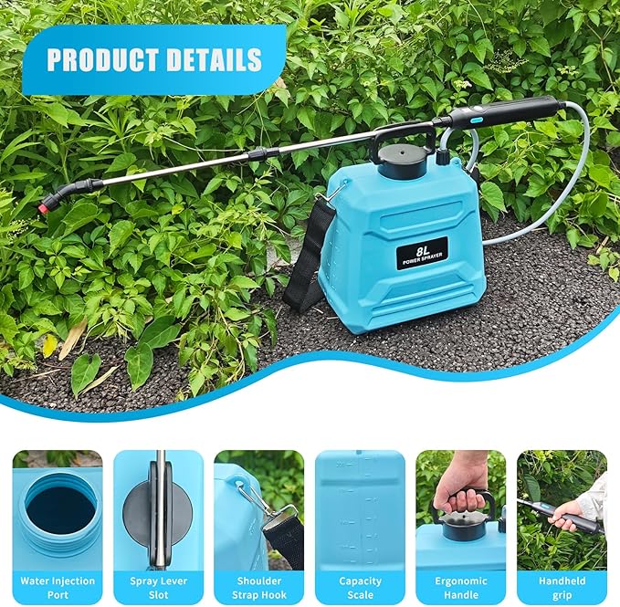 2 Gallon Battery Powered Sprayer, Electric Garden Sprayer, Pump Sprayer with 3 Mist Nozzles & USB Rechargeable Handle & Retractable Wand & Adjustable Strap for Lawn, Garden, Yard (Blue)