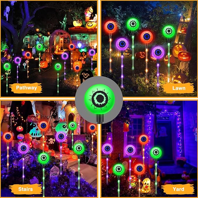 Set of 6 Halloween Decorations Outdoor Solar Eyeball Lights, 8 Modes Orange Purple and Green Scary Eyeballs Light, Waterproof Halloween Pathway Lights for Yard Garden Lawn Party Decor, Gifts