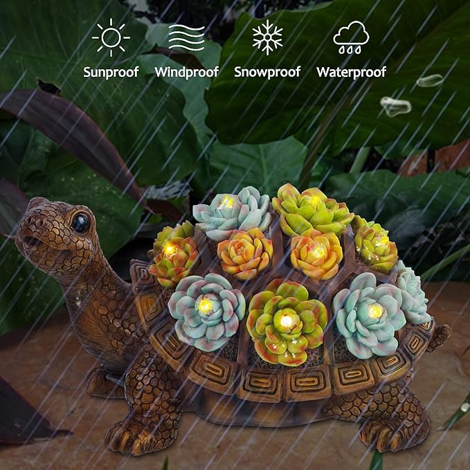 FORUP Turtle Garden Statue, Resin Turtle Figurine Garden Lawn Ornaments with Solar LED Lights for Outdoor Yard Garden Decorations