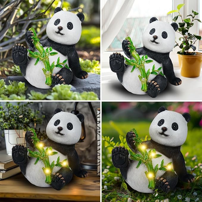 Solar Panda Statue for Garden Outdoor Decor Polyresin Panda Sculpture Figurine Bamboo with LED Lights for Patio Balcony Yard Lawn Decorations (Lying Posture)