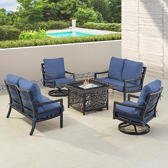 Oakland Living Black Aluminum Patio Fire Table Set with Two Deep Seating Loveseat with Cushions and Two Club Chairs with Blue Cushions