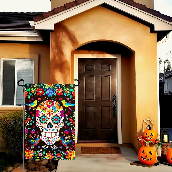 Day of the Dead Garden Flag Skull Welcome Floral Yard Flag Mexican Gothic Skeleton Flowers Birds Double-Sided Garden Flags Fiesta Dia DE Los Muertos Burlap House Banner 12x18 Inch