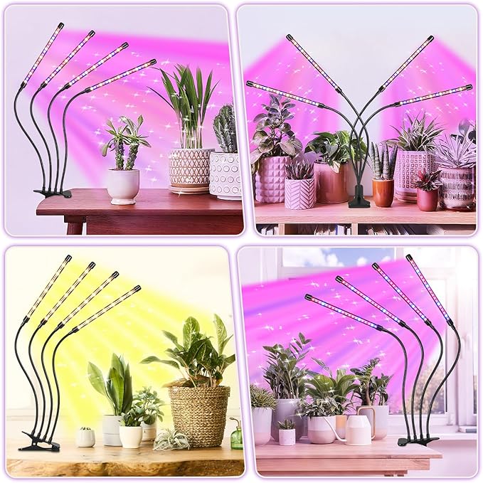 Indoor Plant Grow Light, 80 LED Black 4-Tube Lamp with Full Spectrum Red/Blue/Yellow, 6/12/16H Timer, 10-Level Dimmable, Flexible Gooseneck, 3 Spectral Modes