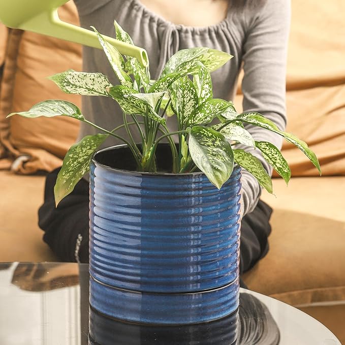 Hasense Ceramic Planter 8 Inch, Round Plant Pot with Drainage Hole and Saucer, Modern Flower Pot for Indoor Outdoor Plants, Home Office Decor, Blue