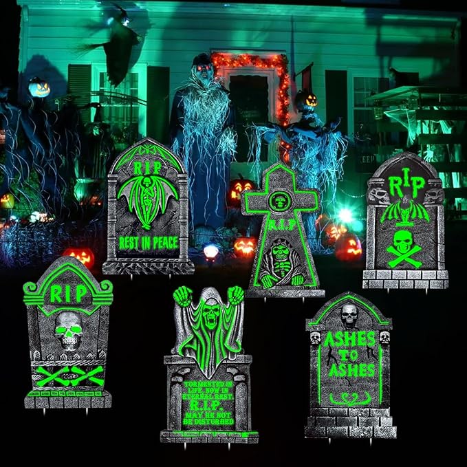 Large Halloween Tombstones Decorations, 6 Pack 16.5”x 11” Outdoor Graveyard Yard Stakes, Waterproof Plastic Halloween Gravestones with 12 Stakes for Cemetery Lawn Displays