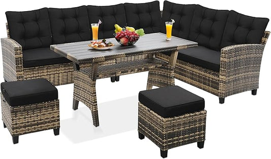 6-Piece Outdoor Patio Furniture Set - Sectional Sofa, Dining Table & Chairs Included, All-Weather Dining Set with Ottoman, Natural Wicker and Black Cushions