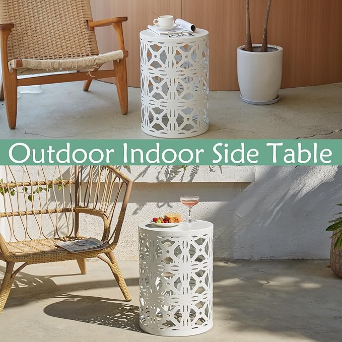 Y&M Set of 3 Stacking Coffee Table for Living Room, Round Metal Coffee Table, Indoor End Tables, Outdoor Garden Stool with Heavy Duty Metal Frame Modern Industrial Decor - Pure White (Ship from US)