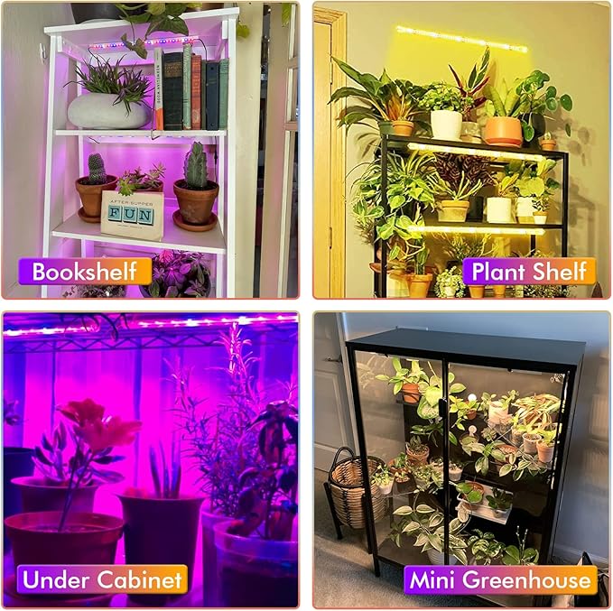 4 Pack Plant Grow Light Strip,LED Growing Lamp for Indoor Plants, Full Spectrum Plant Lights with Auto ON/Off Timer, 10 Dimmable Brightness, 3 Switch Modes, Dual Controllers