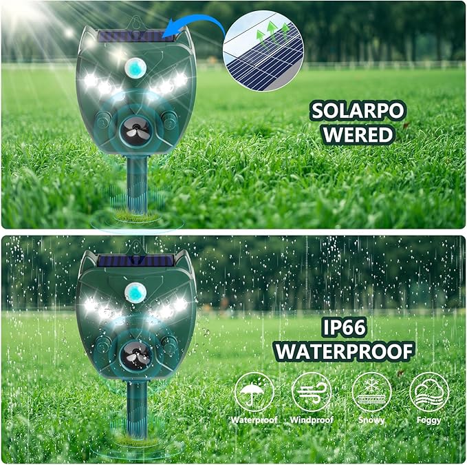 2 Pack 2025 Ultrasonic Animal Repellent Outdoor Deer Repellent Devices Solar Animal Repeller Motion Activated Deterrent to Scare Cat Squirrel Rabbit Raccoon Skunk with LED Flash Lights for Yard Lawn