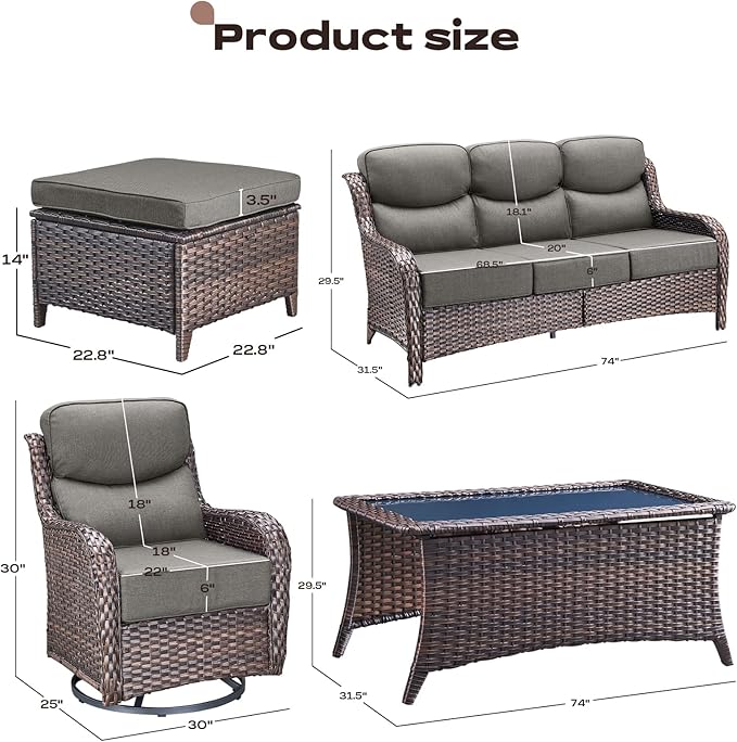 Wicker Outdoor Patio Furniture Set - 6 Piece Patio Conversation Sets with Swivel Rocker Chairs, Ottomans, Sofa and Coffee Table, 6 inch Cushions, Deep Seating, for Porch Deck Brown/Grey