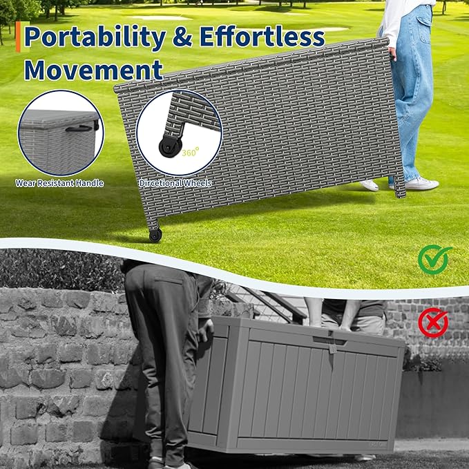 GarveeHome 150 Gallon Large Deck Box, Built-In Handles Patio Storage Box for Storage With Wheels, Rattan Waterproof Outdoor Bins for Cushions, Patio Furniture, Garden Tools(Grey)