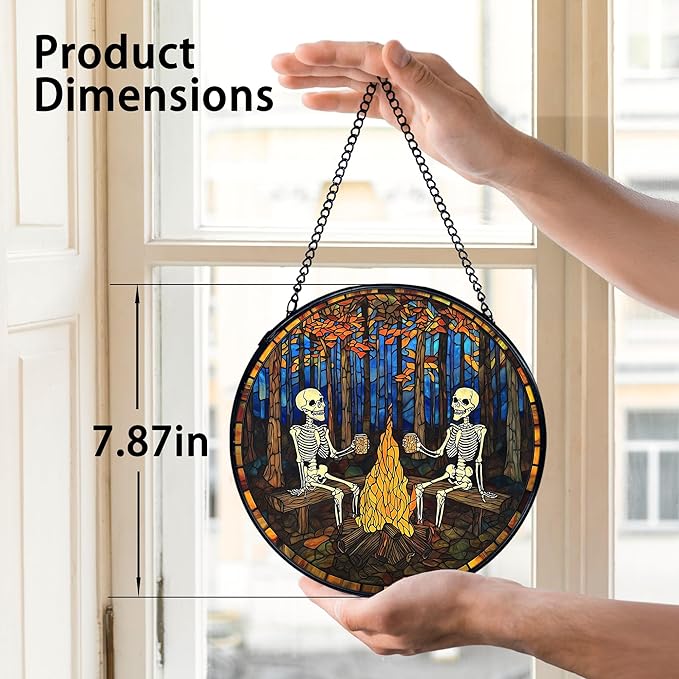 TNUW Halloween Fall Skeleton Stained Glass Window Hanging, Gothic Skeleton Autumn SunCatchers Indoor Window Glass Round Wall Art Decor, Halloween Fall Wall Hanging Decorations, 7.9＂x7.9＂