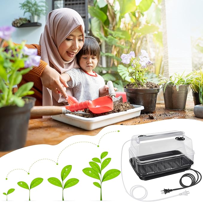 Saillong Seed Starter Tray with T8 Grow Light, Seedling Heat Tray with 15'' x 8.2'' Adjustable Height Humidity Domes, Plant Germination Propagation Kit for Planting Seeds, Mini Greenhouse Indoor