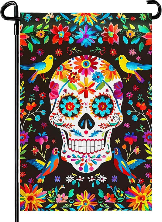 Day of the Dead Garden Flag Skull Welcome Floral Yard Flag Mexican Gothic Skeleton Flowers Birds Double-Sided Garden Flags Fiesta Dia DE Los Muertos Burlap House Banner 12x18 Inch