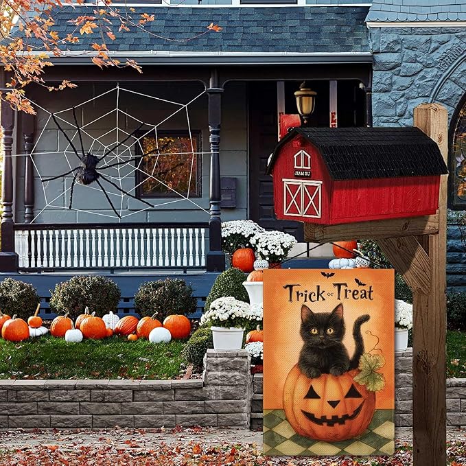 Trick or Treat Garden Flag Halloween Cute Black Cat Small Flag for Outside Pumpkin Bat Burlap Double Sided Welcome Yard Lawn Decor 12.5x18"
