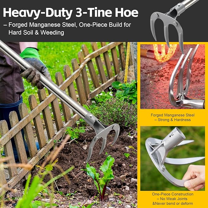 Hand Rake Long Handle - 74" Cultivator Weeding Rakes for Lifts Out Deep-Rooted Grass, 3-Tine Claw Rakes Heavy Duty Carbon Steel with D Grip for Digging Potato,Carrots,Loosens Soil