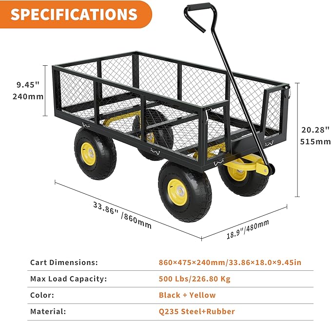 500 Lbs Garden Wagon, 2-in-1 Heavy-Duty Steel Garden Cart, with 10 Inch All-Terrain Tires and Removable Mesh Side Panels, 180° Rotating Handle, Metal Utility Yard Trailer, Outdoor Gardens Wagon Cart