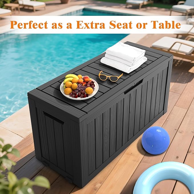 72 Gallon Outdoor Storage Box, Waterproof Deck Box with Handles and Lockable Lid, Resin Patio Storage Box with Hydraulic Rods for Garden Tools, Cushions, Black