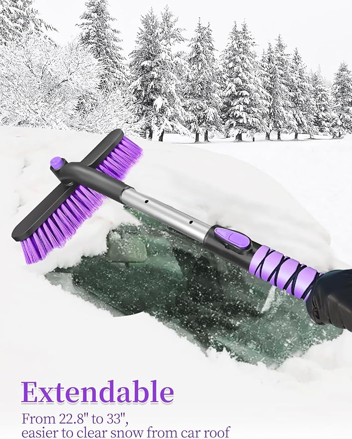 HEEYA Ice Scraper with 12.6 Inch Large Brush Head, Extendable Ice Scraper and Snow Brush for Car Windshield Window, Portable Car Scraper Snow Brush for SUV Truck Automobile Vehicle - Purple