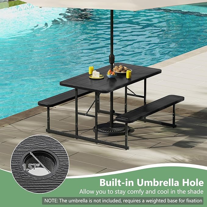 Tangkula Picnic Table, HDPE Outdoor Rectangular Table Bench Set with 2 Built-in Benches, Umbrella Hole, Metal Frame for 4 Person, Garden Yard Patio Lawn
