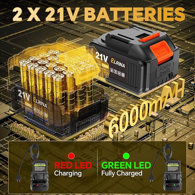 ELRINA Leaf Blower Cordless with 2 x 3.0Ah Batteries and Charger, 6-Speed Mode Lightweight Electric Blowers for Lawn Care, Yard Cleaning, Blowing Leaves, Dust, Snow Green, with Shoulder Straps