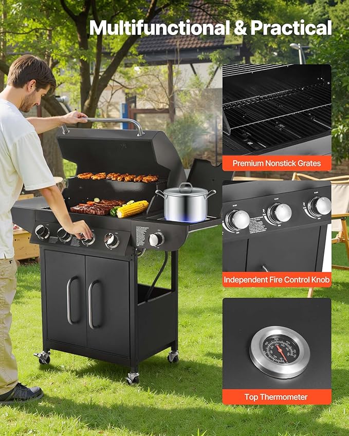 VEVOR Gas Grill, 4 Burner Propane Gas Grill with Side Burner, 425 SQ.In Grilling Area, Carbon Steel Enamel Grates, Outdoor 52,000 BTU Patio Garden BBQ Grills with Two Side Shelves, Carbon Steel