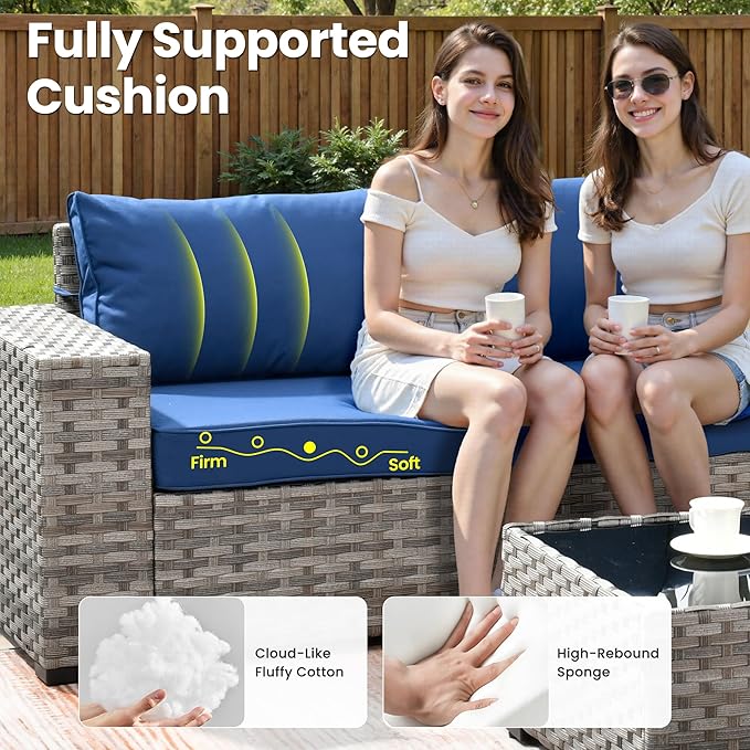 ovios 7 Pieces Patio Furniture Set, Outdoor Wicker Sectional Sofa with 42 Inch Fire Pit Table Comfy Cushions, Modern Modular Deep Seat Rattan Couch Conversation Set, Navy Blue