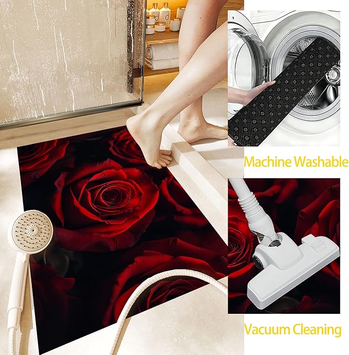 Red Rose Flower Indoor Outdoor Rugs,Modern Floral Doormat Outside Entrance,Non-Slip Welcome Mat Indoor Felt Floor Mat for Back Door Patio, Porch,Home Entryway,30 x 17 Inch