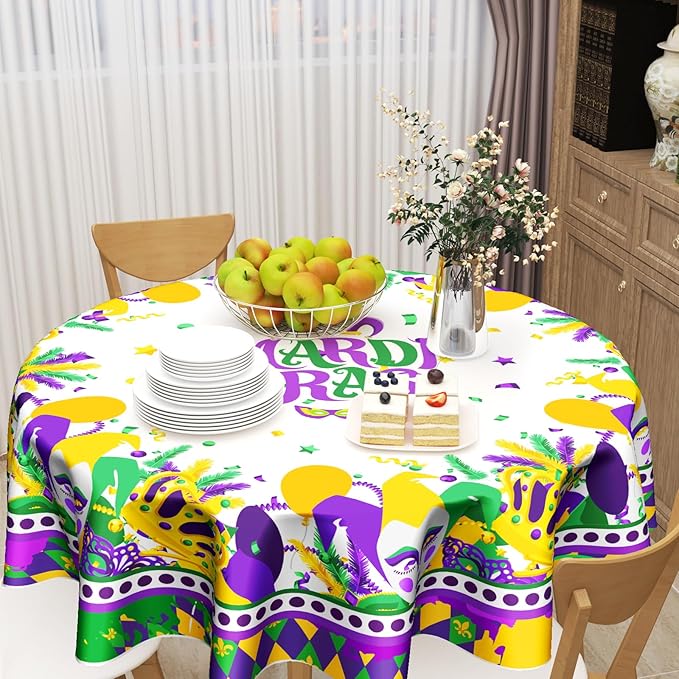 Giwawa Mardi Gras Round Tablecloth 60 Inch, Carnival Mask Balloon Table Cover Seasonal Festival Holiday Kitchen Dining Table Decoration for Indoor Outdoor Home Party Decor