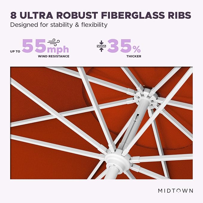 Midtown Umbrellas The Swilt 10 Feet Patio Umbrella in Terylast Apple (Red) Polyester Fabric - Fiberglass Ribs, Auto-Tilt Aluminum Frame For Backyard, Deck, Garden, Pool - White Pole