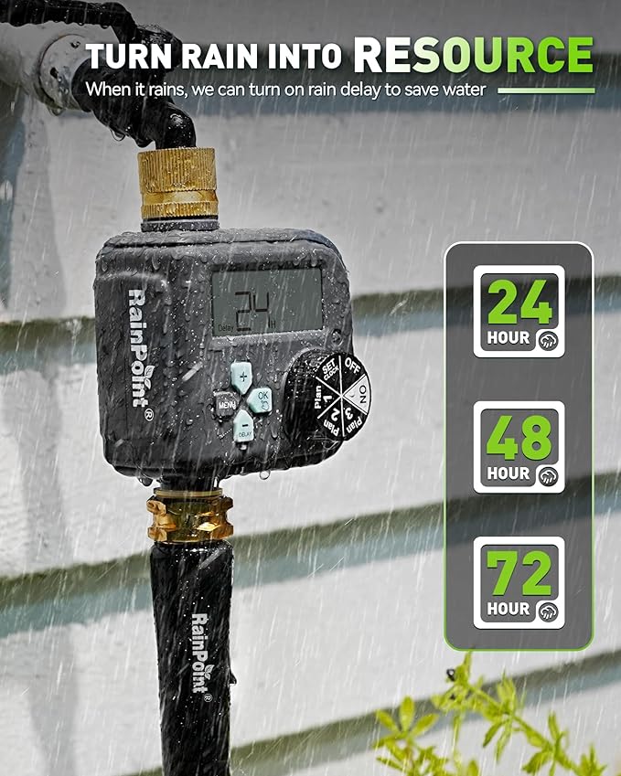 RAINPOINT Sprinkler Timer with Brass Inlet and Outlet - 2025 Upgraded Digital Hose Timer Featuring 3 Programs, Rain Delay, Manual, and Automatic Watering System for Garden and Yard Irrigation