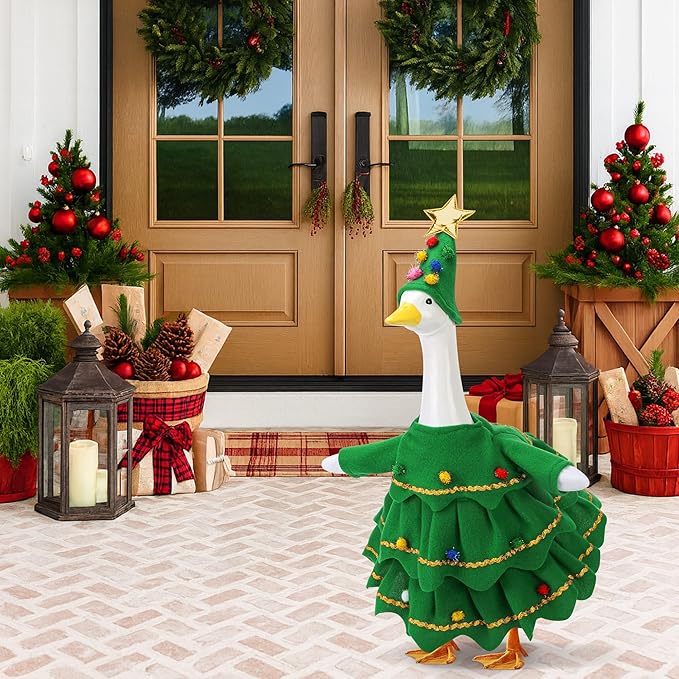 2 Pcs/Set Christmas Tree Porch Goose Outfits, Lawn Goose Statue Xmas Tree Costume, Green Christmas Garden Goose Clothes Dress and Hat for 23" High Statue Xmas Holiday Patio Yard Decor