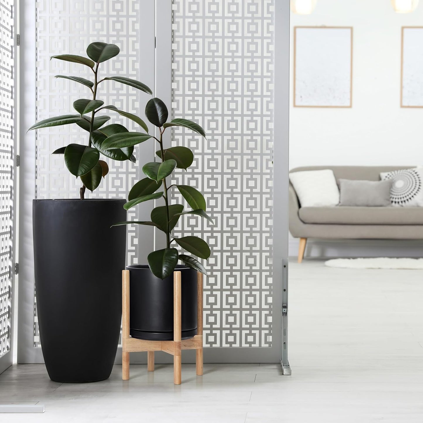 D'vine Dev Ceramic Planter with Natural Stand - 10 Inch Modern Round Flower Pot with Wood Planter Holder, Black, 55-B-K-2