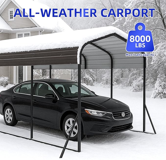 12x20 Metal Carport with Base Fixings Heavy Duty Garage Outdoor Chrome Plated Frame and Sheet Metal Construction Suitable for Boats, Cars, Tractors and Agricultural Equipment, Light Gray