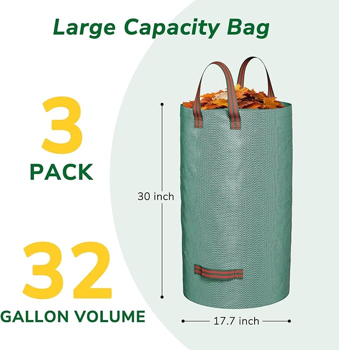 GreatBuddy 32 Gallon Reusable Yard Waste Bag, Heavy Duty, Upright Lawn Bags with 4 Reinforced Handles for Garden Leaves and Waste Collection, Lightweight and Portable (3 Pack)