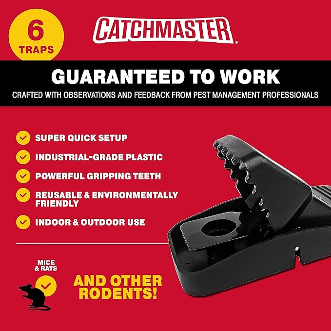 Catchmaster Snapper Jumbo Rat Trap 6-Pk, Rat Traps Indoor for Home, Reusable Rodent Killer for House, Indoor & Outdoor Rodent Bait Station, Eco-Friendly Pest Control for Garage, Basement, & Kitchen
