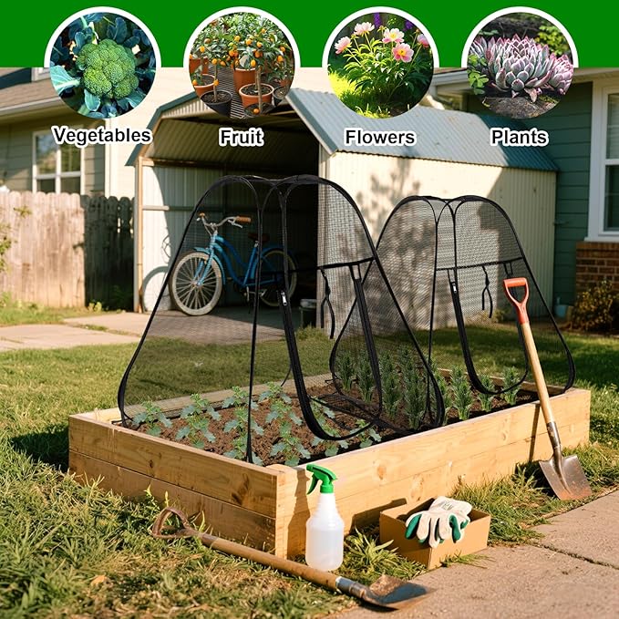 RGQSUN 2 Pack 28 x 28 x 32 Inch Pop-up Gardening Net Cover,Pest Guard Cover with Zip Entry and 8 Stakes,Fine Mesh Plant Tents for Vegetables Fruits Flowers