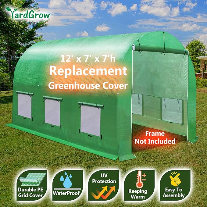 YardGrow Greenhouse Replacement Cover Larger Walk in Outdoor Plant Gardening Greenhouse (Frame Does NOT Included) (Green, 12'x7'x7')