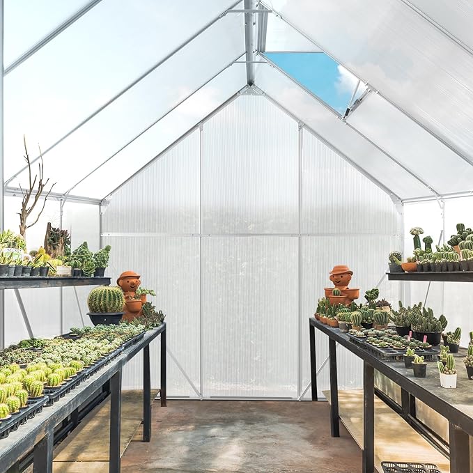 Greenhouse for Outdoors, 6x8 FT Heavy Duty Polycarbonate Greenhouse with 5 Roof Vents, Aluminum Large Walk-in Greenhouse for Outside Garden Backyard, Easy Setup, Silver