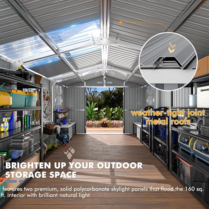 Metal Shed 10x16 FT Large with Customizable Skylight and Reinforced Steel Frame, Heavy-Duty Galvanized Steel Big Garden Sheds with Lockable Doors,4 Pane Windows, Large Utility Tool Sheds