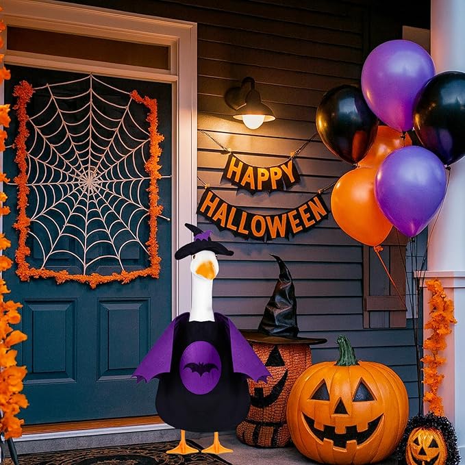 Halloween Bat Porch Goose Outfits 23inch Plastic Cement Goose Statue Costume, Fall Lawn Geese Sculpture Clothes for Garden Yard Patio Party Decoration